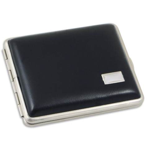 23164 Zigaretten-Etui Metall mit Kunstleder-Cover in schwarz mit Gravurfeld, 18er