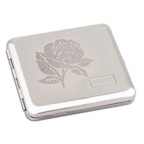 21554 Zigaretten-Etui Nickel-Poliert mit Rosen-Emblem und Gravurfeld, 18er