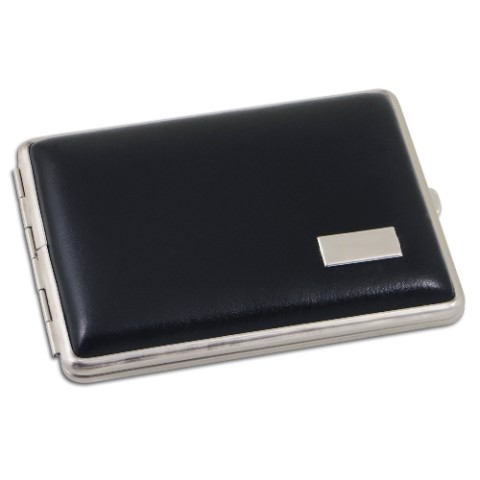 23174 Zigaretten-Etui Metall mit Kunstleder-Cover in schwarz mit Gravurfeld für 100mm Format, 18er